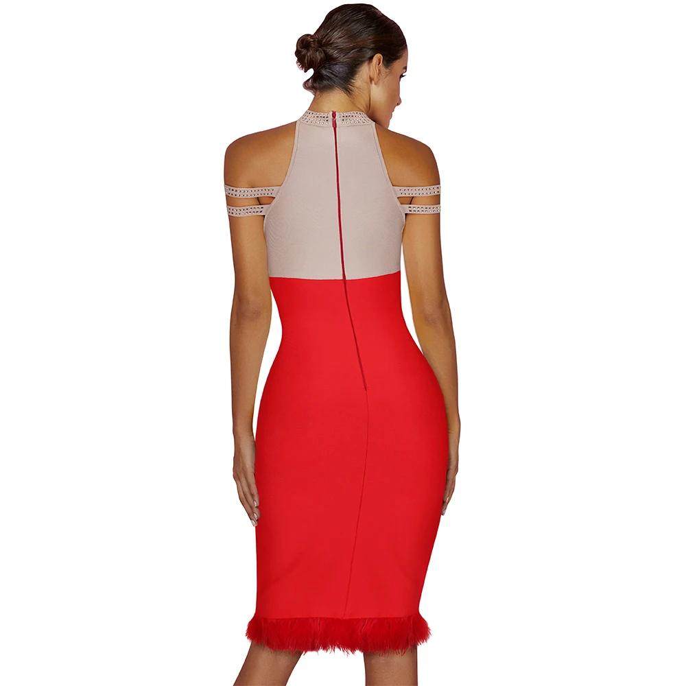Ocstrade элегантное Бандажное платье Vestido Bandagem из вискозы с перьями и бисером, черно-белое Бандажное платье с открытыми плечами, облегающее вечернее платье