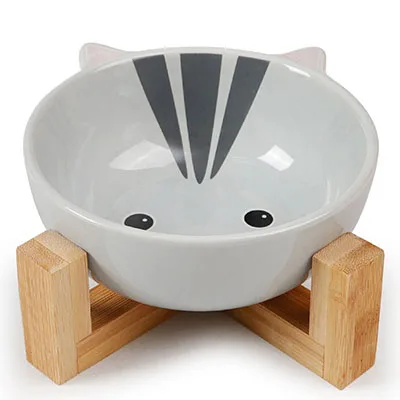 Экологическая керамическая миска для кошек с приподнятым деревянным подставкой увеличенные миски для домашних животных для более комфортного питания для кошек, собак, Котят, щенков - Цвет: Серый