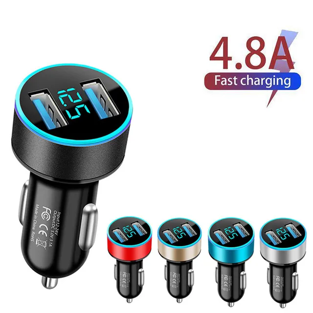 4.8A Car Charger 5V 2 Ports Fast Charging For Samsung Huawei iPhone 12 11 Universal LED Display Dual USB Car-Charger Adapter 1