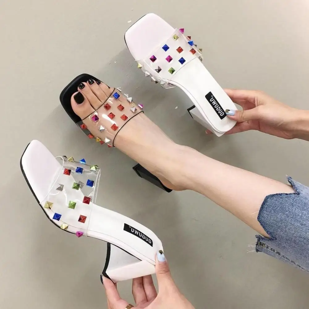 

Shoes Women Slippers Heels Designer Slides Rivet Square heel Soft High Transparent Luxury Flat Summer Sliders 2019