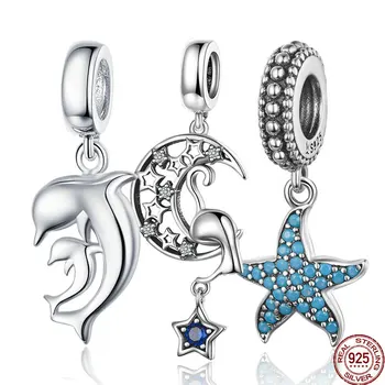 

BISAER New Summer Romantic Series 925 Sterling Silver Moon Cat Happy Dolphin Blue Starfish Pendants Charms DIY Jewelry HSC1205