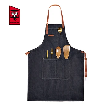 

High Quality Leather Shoulder Strap Denim Apron Wear-resistant Cafe Bakery Barber Shop Restaurant Hotel Chef Waiter Work Apron
