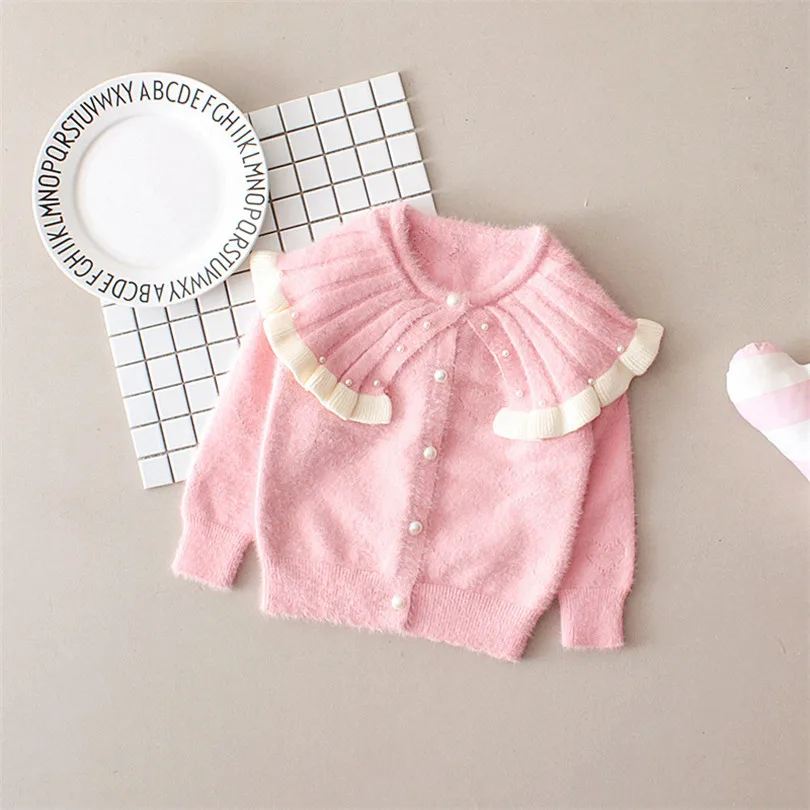 Kids Sweater Girls Cardigan Pearl Woolen Autumn Baby Girls Sweaters Ruffle Collar Toddler Cardigan Knitted Girls Sweater Coat
