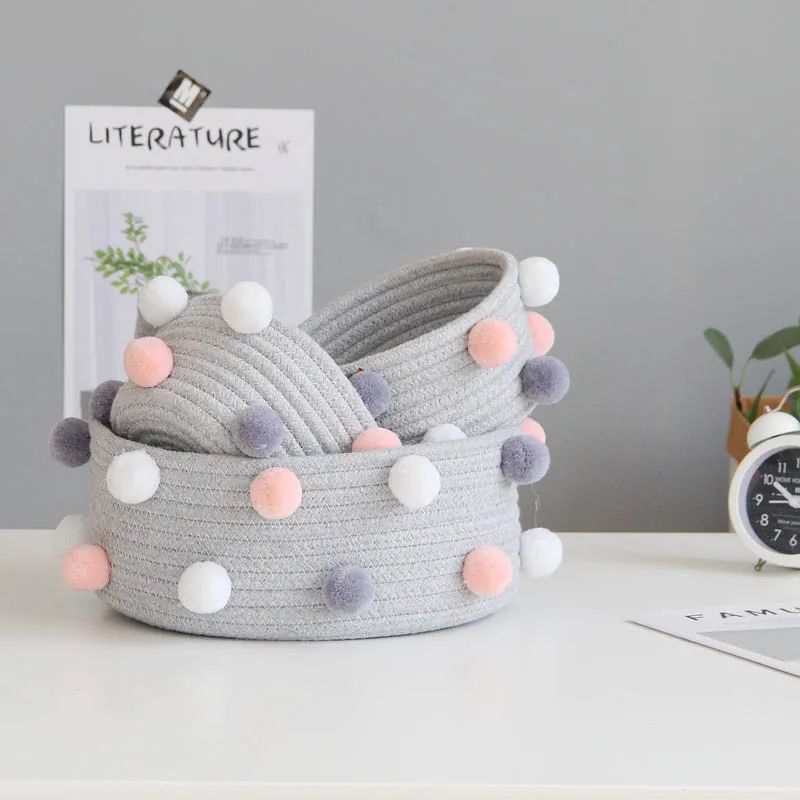 Hand Woven Laundry Basket Nordic Lucu Pompom Dekorasi Keranjang Penyimpanan Untuk Peralatan Kosmetik Mainan Desktop Organizer Round Keranjang Penyimpanan Keranjang Aliexpress