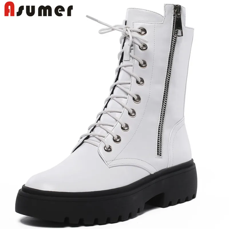ASUMER/; Новое поступление; ботильоны из натуральной кожи; женские ботинки на платформе с круглым носком на молнии со шнуровкой; сезон осень-зима; повседневная женская обувь