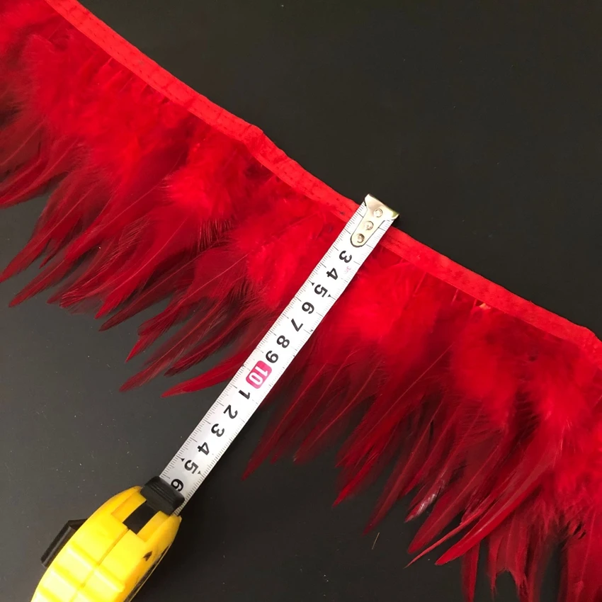 

Wholesale 10Yard Dyed Red High Quality Rooster Saddle Hackle Feathers Trims Fringes 8-13CM Natural Pheasant Chicken Feather Lace