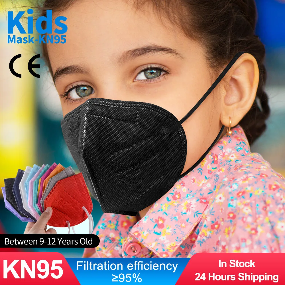 Mascarillas infantiles de 5 capas para niños, fpp2, KN95, negras, Para edades de 9 a 12 años, de 10 a 100 Uds.