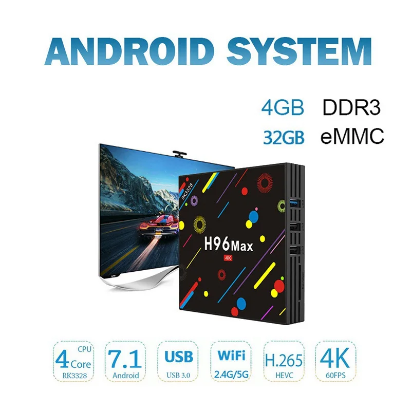 

4+32GB Max H2 TV Box Quad Core 4K Smart Wi-Fi Bluetooth 4.0 Top Box Media Player Set with Android 7.1 RK3328 Chip