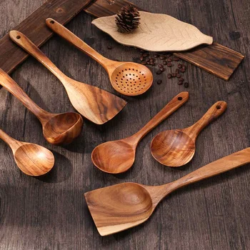 

7pcs/set Teak Natural Wood Tableware Spoon Colander Spoon Special Soup Skimmer Cooking Spoon Wooden Kitchen Tool Kit