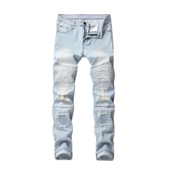 

Jeans Men 2019 New Men's Motorcycle Light Jeans Men's Embroidered Patch Hole Trousers More Sizes 28-38