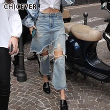 CHICEVER Лоскутные рваные с дырками джинсовые брюки для женщин миди Талия повседневные Прямые брюки с кисточками женские модная новая одежда