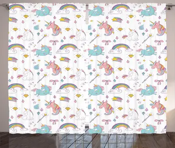 

Unicorn Window Curtains Magic Unicorn Forms with Colorful Cartoon Fantasy Cloud and Rainbow Pattern Print Living Room Bedroom