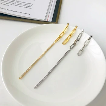 

Amaiyllis S925 Sterling Silver Asymmetrical Earrings Stud CZ Zircon Long Tassel Earrings For Women Wind Ear Line Female Jewelry