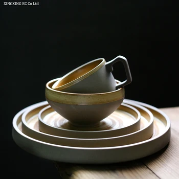 

Rough Pottery Japanese Kaiseki Cuisine Tray Vegetarian Creative Personality Household Ceramic Steak Plate Tableware Supplies