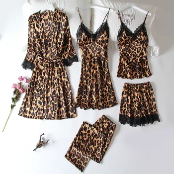 

Sleepwear Spring New Leopard Pajamas Suit Homewear Women Satin 5PCS Nighty&Robe Set Nightgown Silky Nightwear Intimate Lingerie