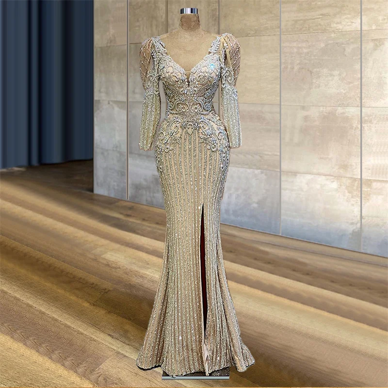 

Luxury Glitter Prom Dresses Lace Appliques Sequins Long Sleeves Evening Dress Custom Made V Neck Side Split Party Gown