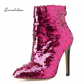 

2019 Fashion Women Boots Sexy Bling Sequined Cloth Thin High Heeled Women Ankle Boots Mujer Pointed Toe Zip Rose Red Party Boots