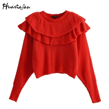 

Huaxiafan Women sweaters sweet ruffles o neck red knitted sweaters long sleeve jumpers autumn style pullover female sweater tops