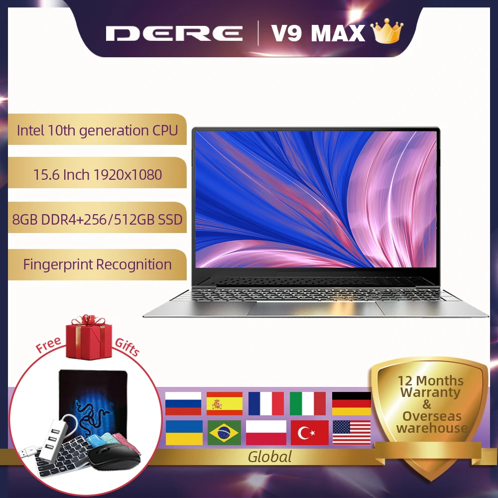 Dere V9 MAX 15,6 I5-1035G1 portátil 8GB DDR4 256GB SSD FHD huella dactilar reconocimiento 5G Dual-banda Wifi portátil Windows 10 de la computadora