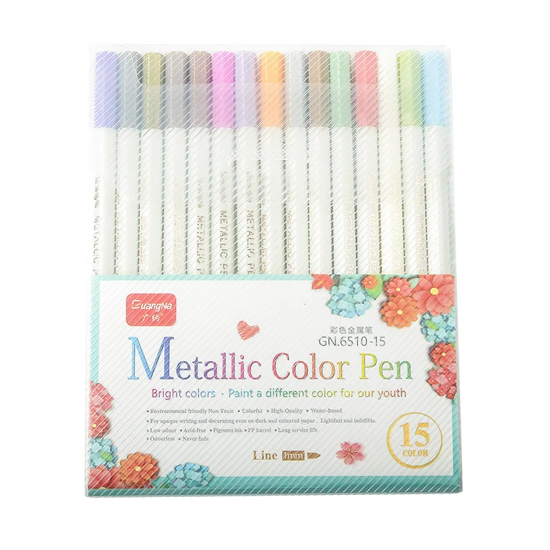 

15 Colors / Set Metallic Color Pens Water-based Art Markers Colorful Drawing Hook Line Pen Eco-friendly Painting Graffiti Marker