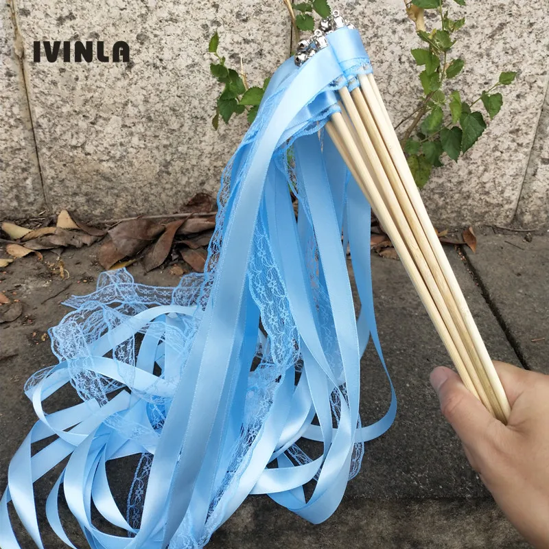 

Hot 50pcs/lot light blue Lace Wedding Ribbon Wands with sliver Bells for wedding decoration