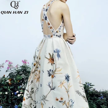 

Qian Han Zi 2020 summer fashion backless sexy maxi dress Women's Sleeveless Hemp cotton Elegant Flower Embroidered Long Dress