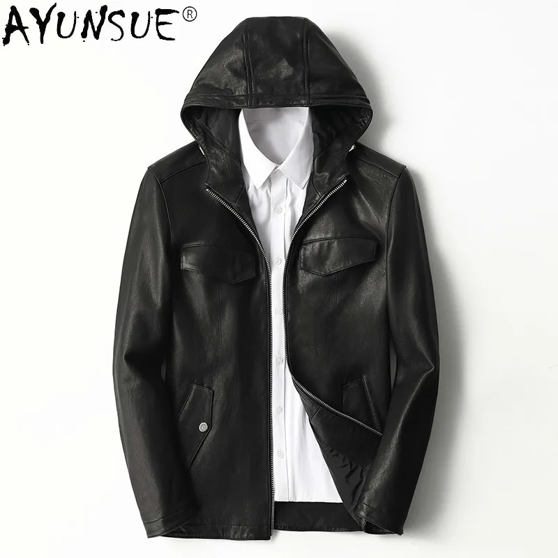 

AYUNSUE men's genuine Sheepskin leather jacket men clothing 2020 winter coat hooded trench motorcycle jackets erkekler LXR795