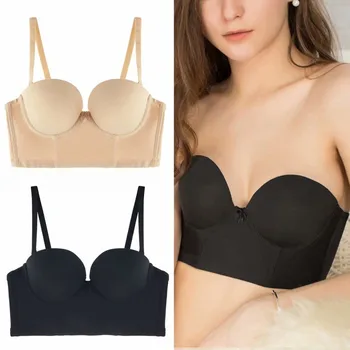 

Women Bras Sexy Smooth 1/2 Cup Bra With Underwire Gathered Bra Detachable Invisible Shoulder Strap Padded Bras in stock