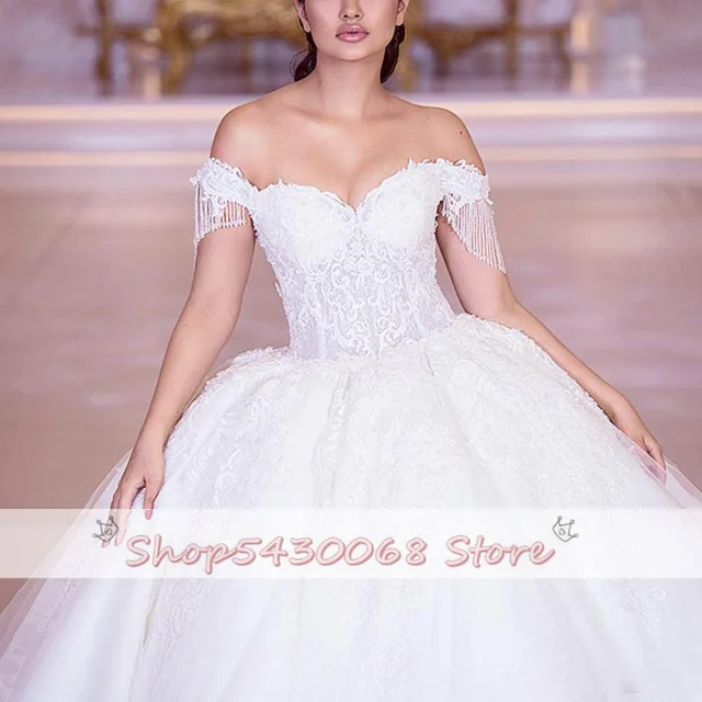 Luxury Beaded Lace Wedding Dresses 2021New Elegant Off Shoulder Tulle Bridal Wedding Gowns Sweetheart Princess Bridal Dress 4