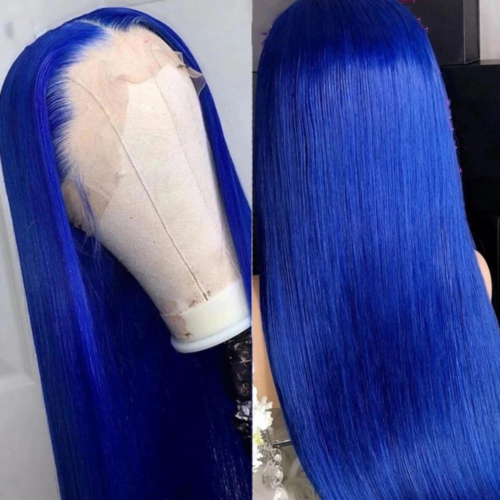 Lace Front Wig Synthetic Long Straight Blue Middle Part Pre Plucked For Black Women