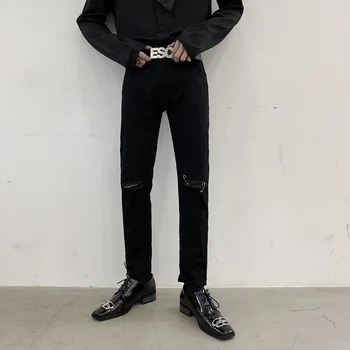 

SHENGYUJIN Retro knee hole black jeans men's slim fashion tight stretch pencil pants personality casual beggar pants Size 28~34!