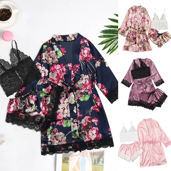 

3PCS Women Floral Pajamas Sets Sexy Lace Tops + Shorts +Robe Sleepwear Sets Casual Ladies Flower Homewear Summer Spring Thin Set