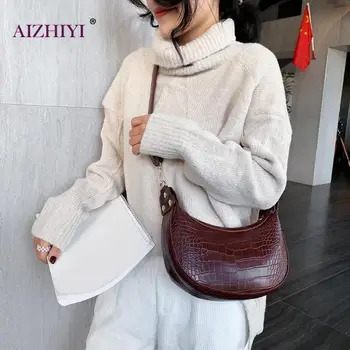 

PU Leather Women Crossbody Bag Casual Crack Half Moon Shaped Adjustable Shoulder Messenger Bag Simple Girl Handbags