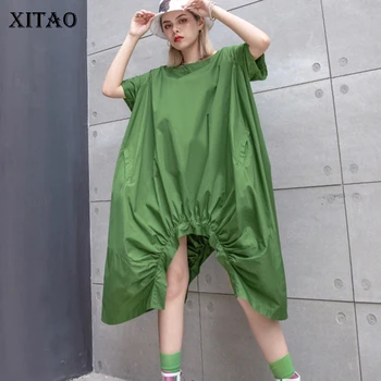

XITAO Women 2020 Summer New Korea Fashion O-neck Short Sleeve Loose Dress Female Solid Color Pleated Casual Dress ZLL3611