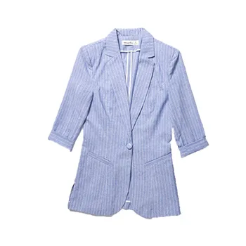 

Cotton Linen 3 Quarter Sleeve Striped Blazer Single Button 2020 Spring Summer Women Jacket
