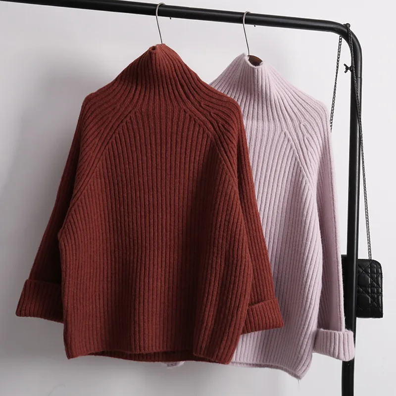 Распродажа женский зимний коричневый свитер пуловер Женский Повседневный свободный толстый теплый длинный рукав водолазка пуловеры свитера