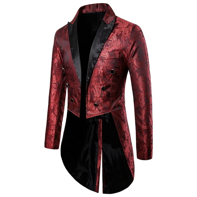 Chaqueta larga de fiesta para hombre, abrigo rojo con cola de golondrina, traje de Mago para escenario, chaqueta de marca para hombre, chaqueta de esmoquin
