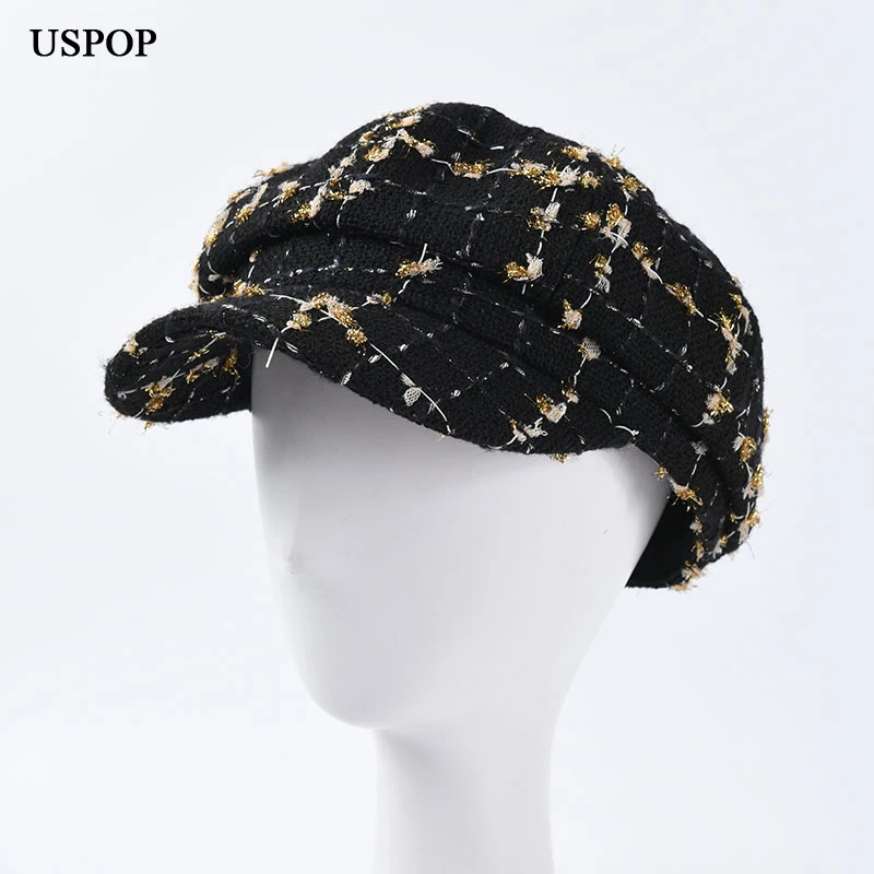 

USPOP 2019 New fashion autumn caps women tweed octagonal hats female plaid newsboy caps plaid visor cap