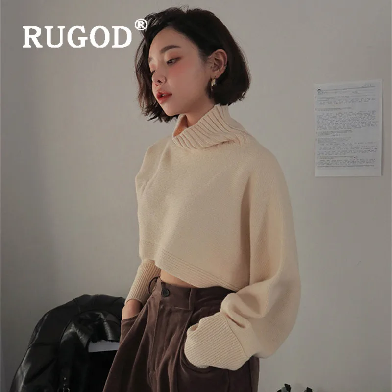RUGOD, корейский стиль, шикарный свободный свитер с высоким воротом, Женский однотонный укороченный топ, мода, Kpop одежда