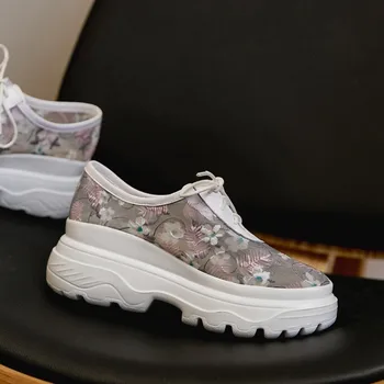 

Womens Round Toe Mesh Embroidery Floral Platform Chunky Heel Breathable Lace Up Shoes Match Colors Summer New M05