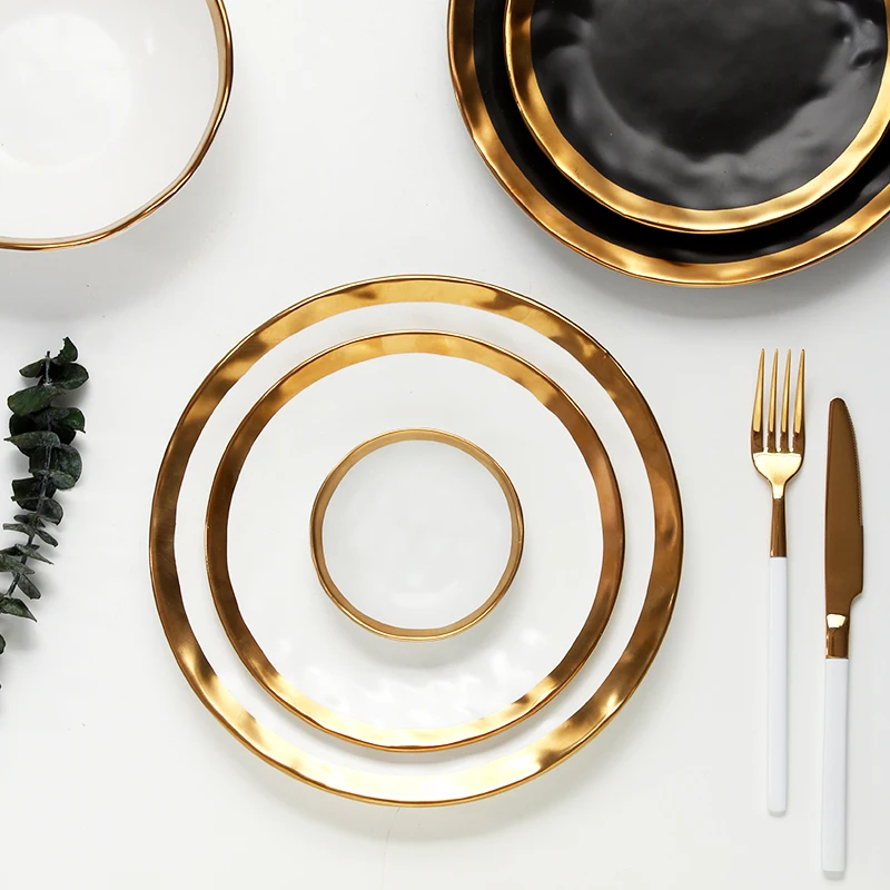 Золотая инкрустация, матовая фарфоровая обеденная тарелка, роскошная круглая тарелка для свадебной вечеринки, домашняя декоративная посуда и тарелки, набор посуды