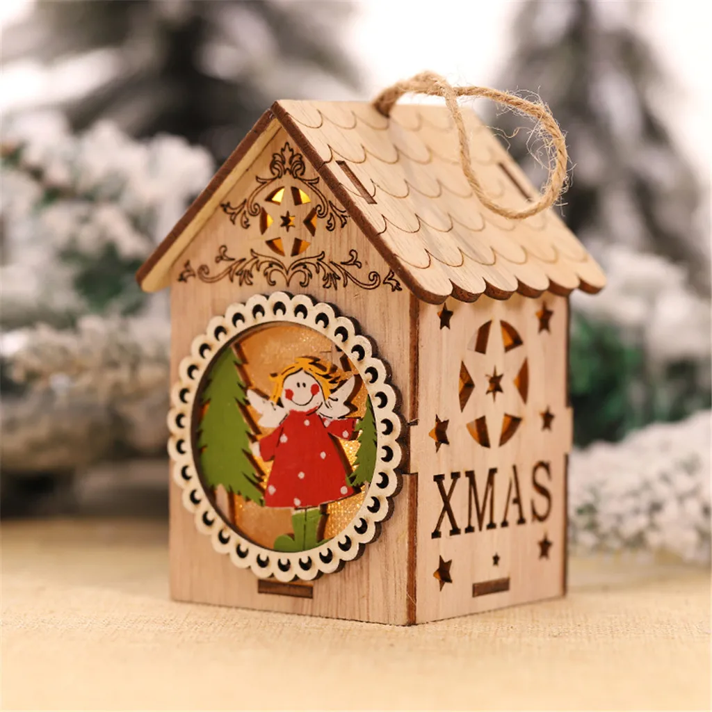 LED Light Wood HOUSE Cute Christmas Tree Hanging Ornaments Holiday Decoration 