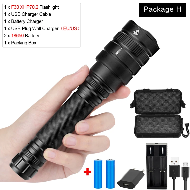 Package H Яркий фонарик XHP70.2 светодиодный фонарь USB Перезаряжаемый фонарик с зумом водонепроницаемый светодиодный фонарик с зажимом для ручки 18650 - Испускаемый цвет: Package H