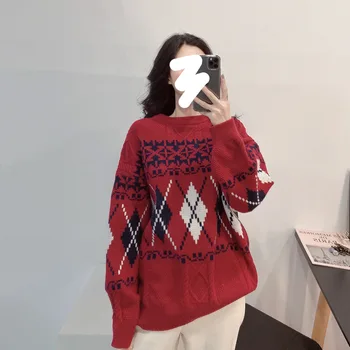

Happy Christmas moon rabbit hair mixed Plaid women's Pullover thickened Christmas theme sweater winter clothes women