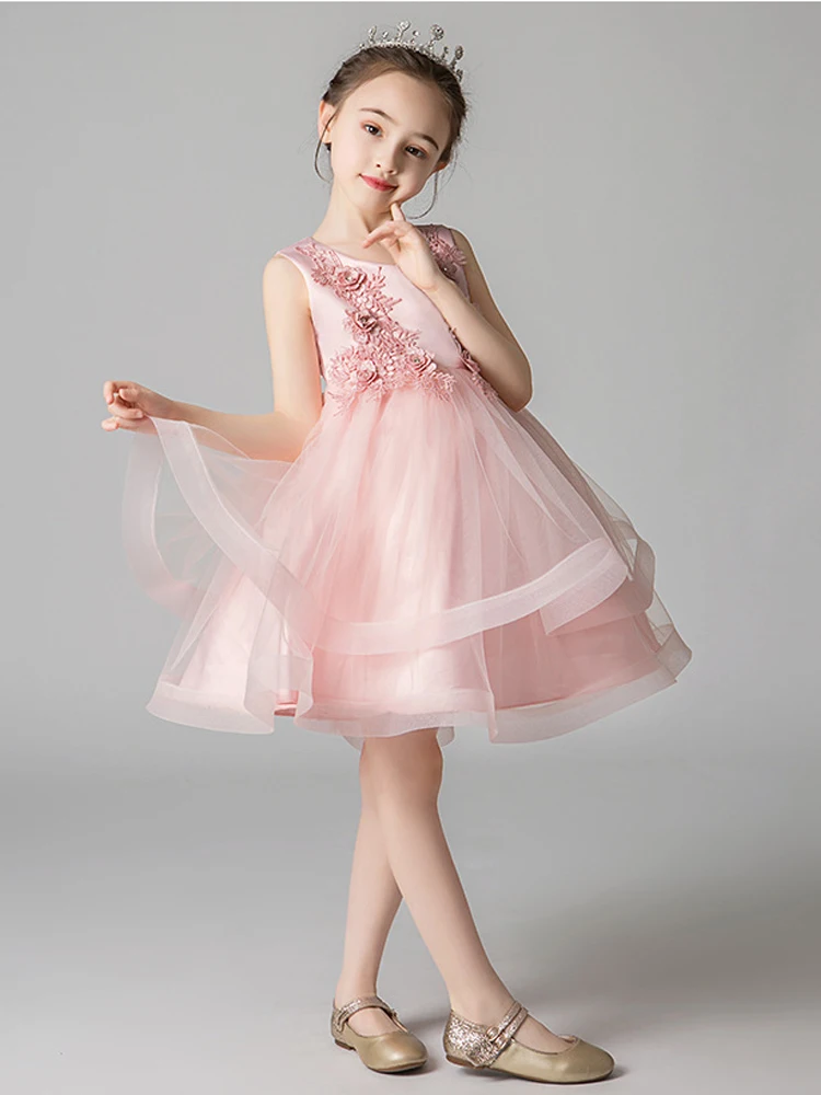 Skyyue/платье с цветочным узором для девочек, свадебная аппликация, Белое Бальное Платье из фатина, Детские вечерние платья для причастия, круглый вырез, 4 цвета, От 3 до 8 лет, A01