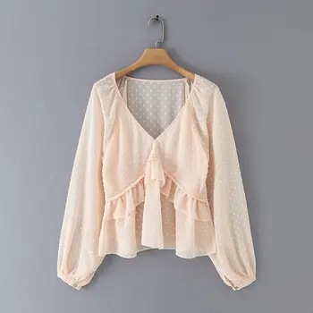 

new women v neck dots design cascading ruffles Shirts blouses women lantern sleeve chiffon roupas femininas chemise shirt LS4157