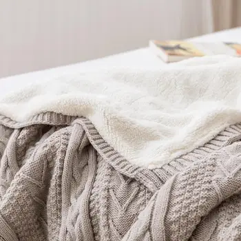 

Knitted outside and lambskin inside thickened wool blanket Warm and comfortable throw blanket Multi-purpose bed quilt