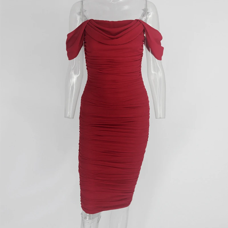 PFFLOOK осенние вечерние платья красного цвета с рюшами, женское сексуальное длинное облегающее платье с открытыми плечами для ночного клуба, приталенные женские элегантные платья