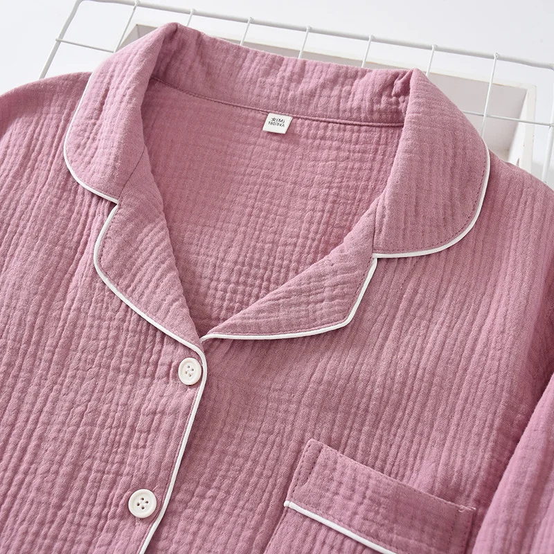 New spring and autumn pure cotton crepe cloth couple soft and breathable men long-sleeve simple home service women two piece set