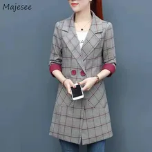 Длинный женский блейзер в клетку размера плюс, двубортный, с карманами, женские блейзеры, новинка, для офиса, для девушек, Harajuku, корейская мода, одежда